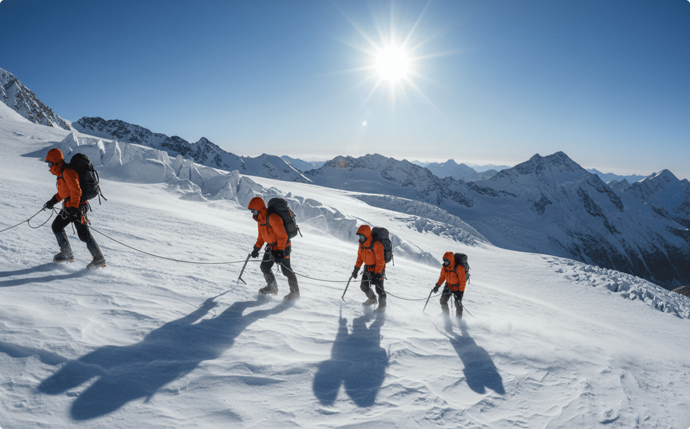 Expedición de montañismo en la nieve
